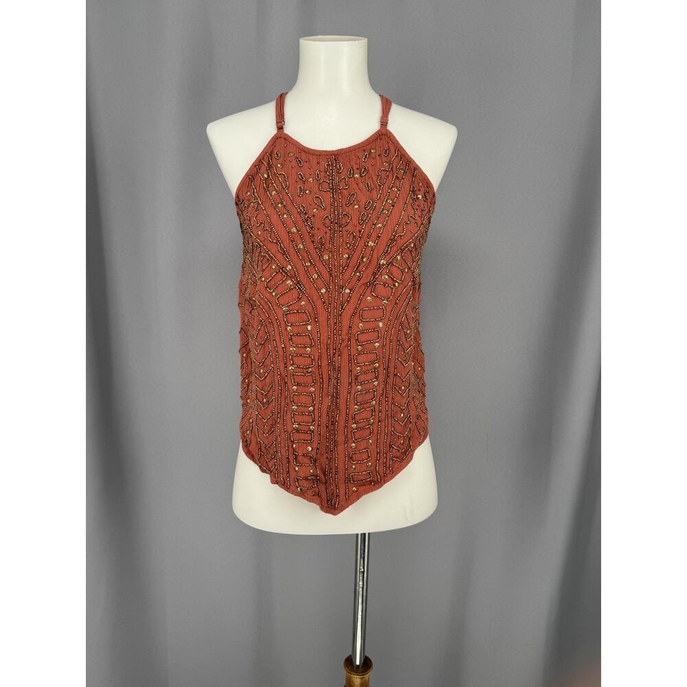 Idyllwind Tank Top Womens Small Orange Beaded Halter Boho Western Embellished
